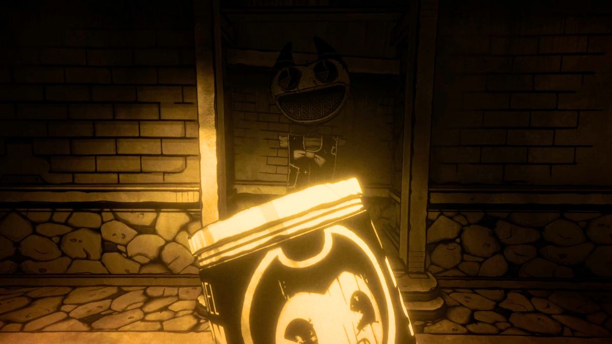 Robô Bendy assustador no corredor principal com sopa de bacon dourada