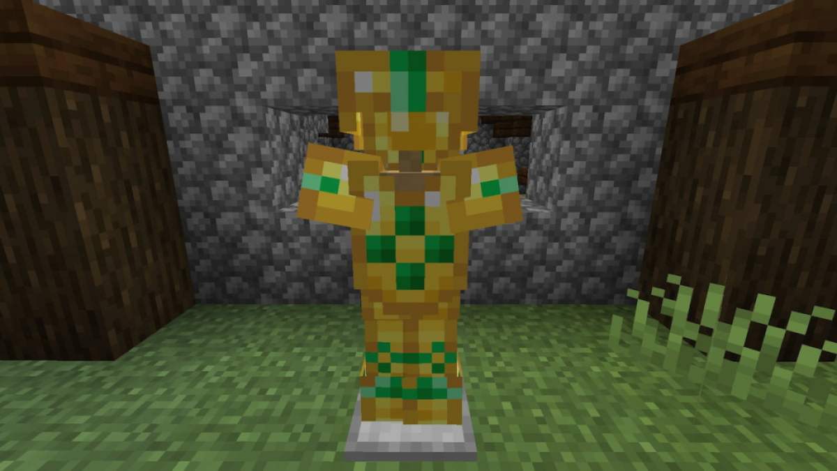 O acabamento da armadura de sentinela em um conjunto de armadura de ouro no Minecraft