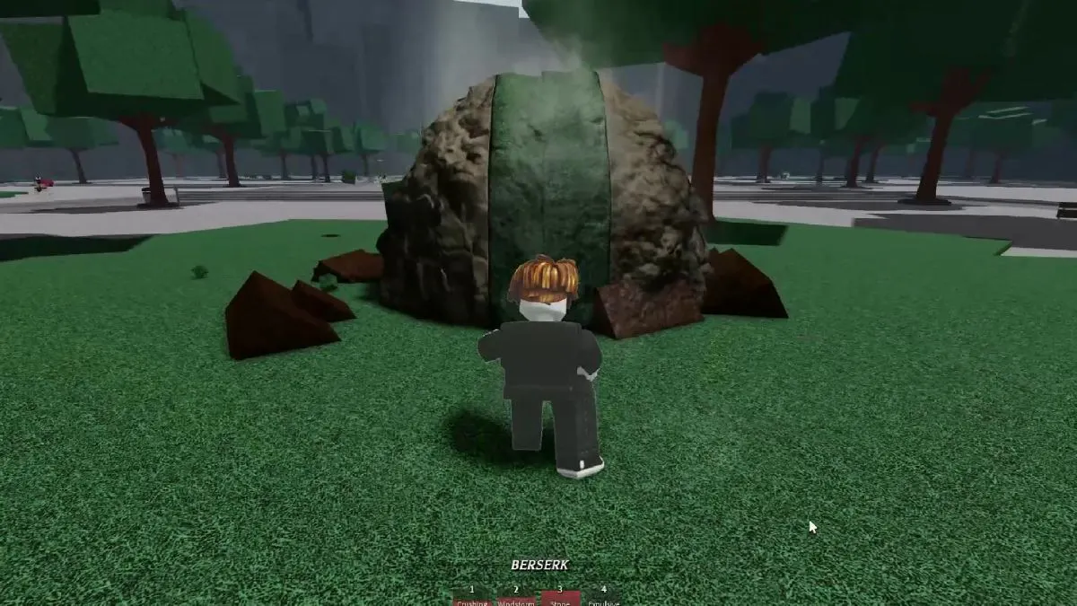 Personagem Roblox em frente ao Stone Coffin em Strongest Battlegrounds