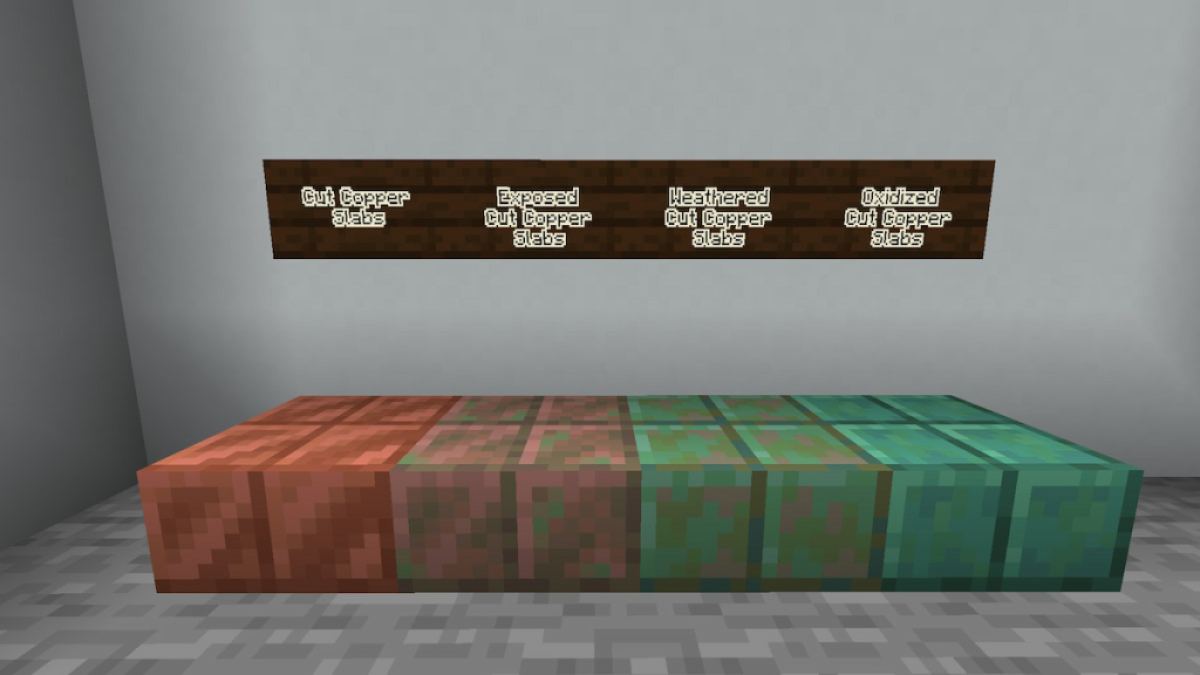 Todos os quatro tipos de placas de cobre cortadas oxidadas no Minecraft