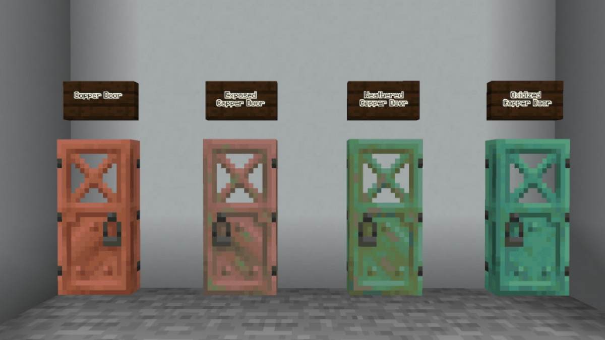 Cada nível de oxidação em uma porta de cobre no Minecraft