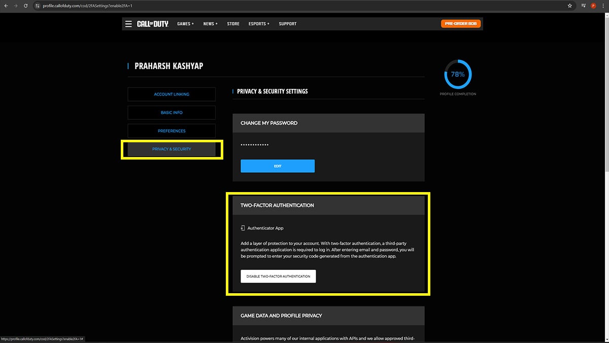 Autenticação de dois fatores da conta Call of Duty