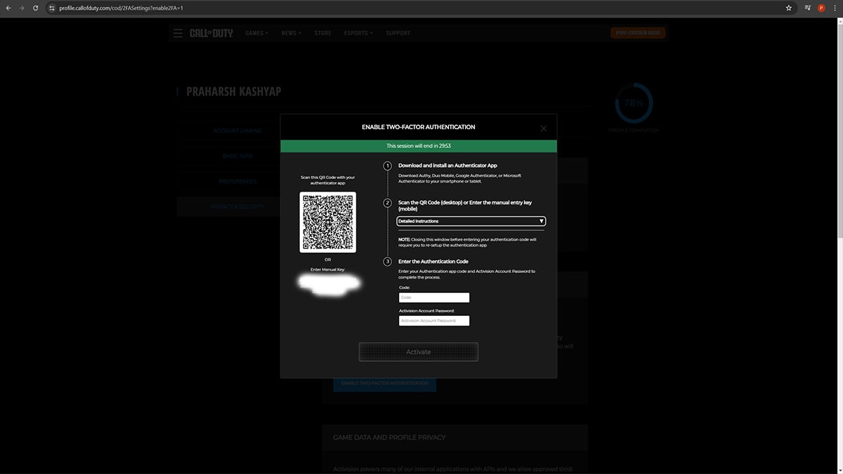 Ativação de autenticação de dois fatores da conta Call of Duty