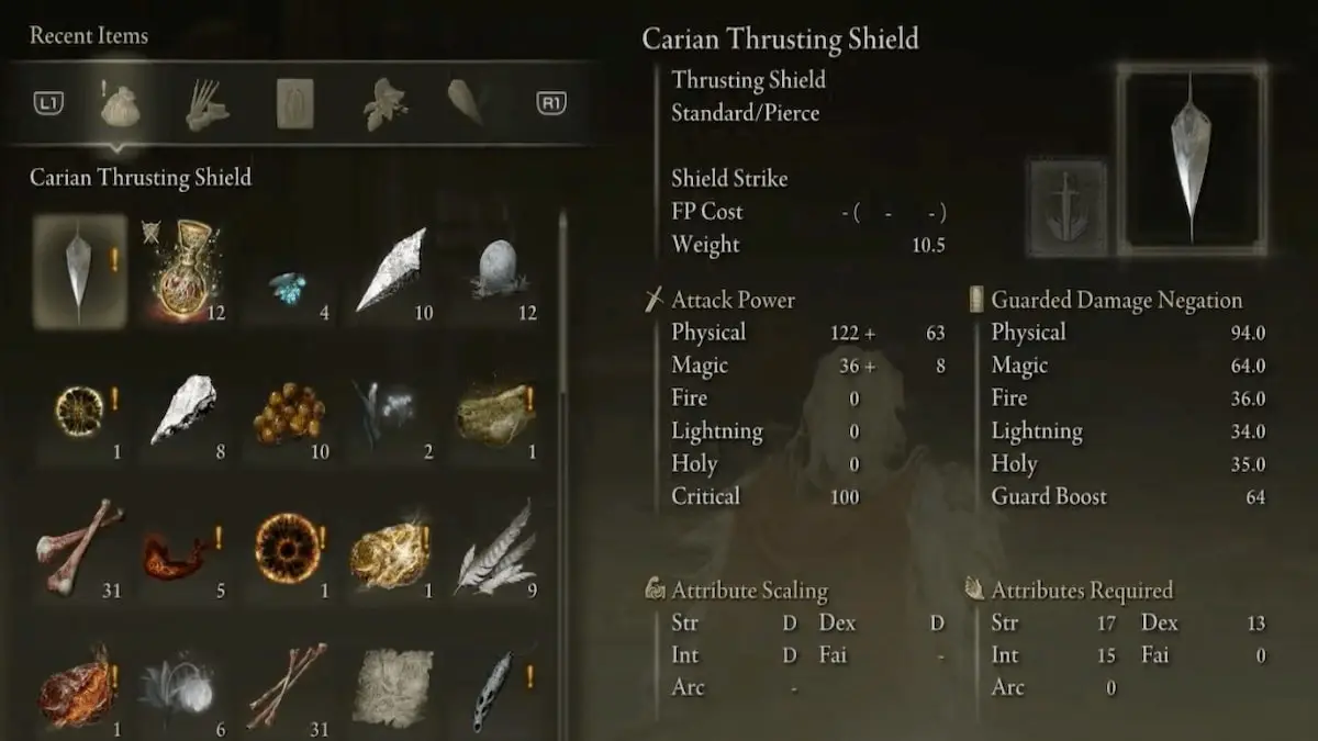 Estatísticas do Carian Thrusting Shield no inventário em Elden Ring Shadow of Erdtree 