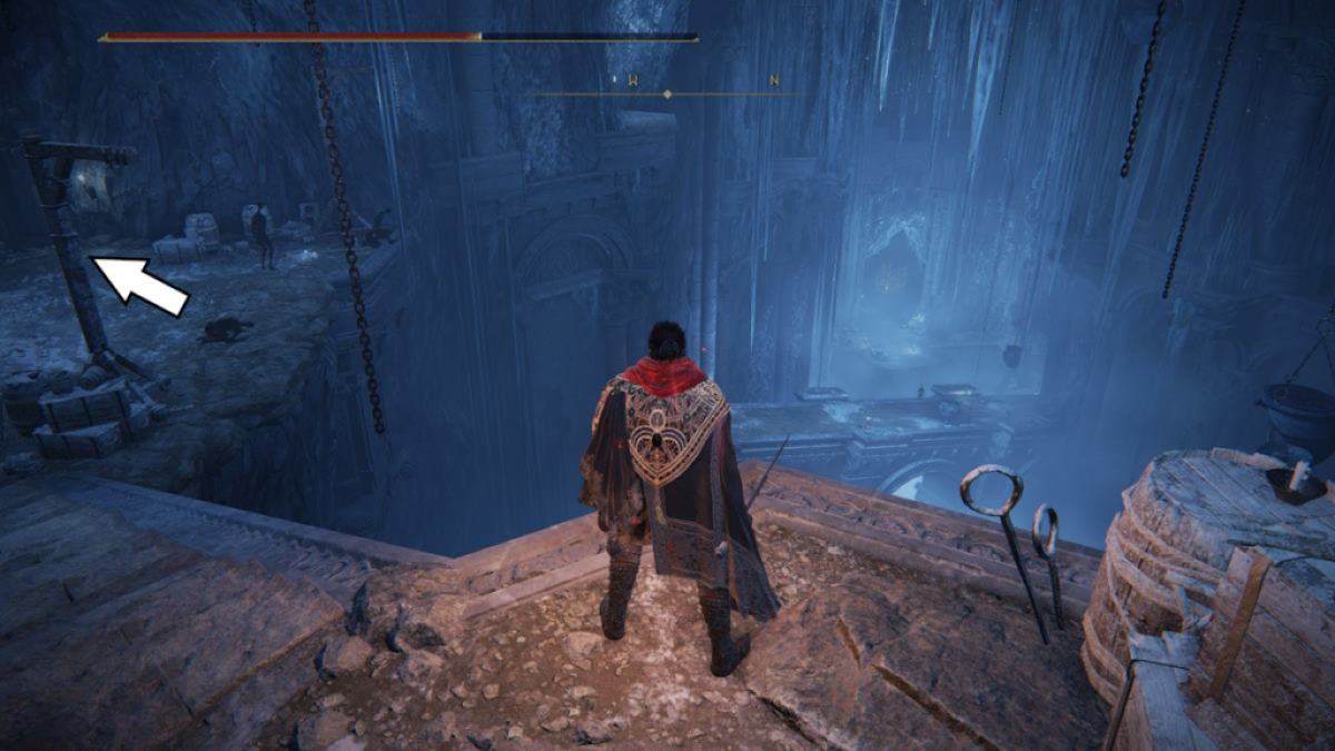 Uma visão geral da área do portão do chefe em Bonny Gaol no DLC de Elden Ring.