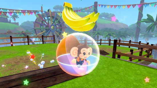 Captura de tela da análise do Super Monkey Ball Banana Rumble mostrando um macaco pegando um cacho de bananas