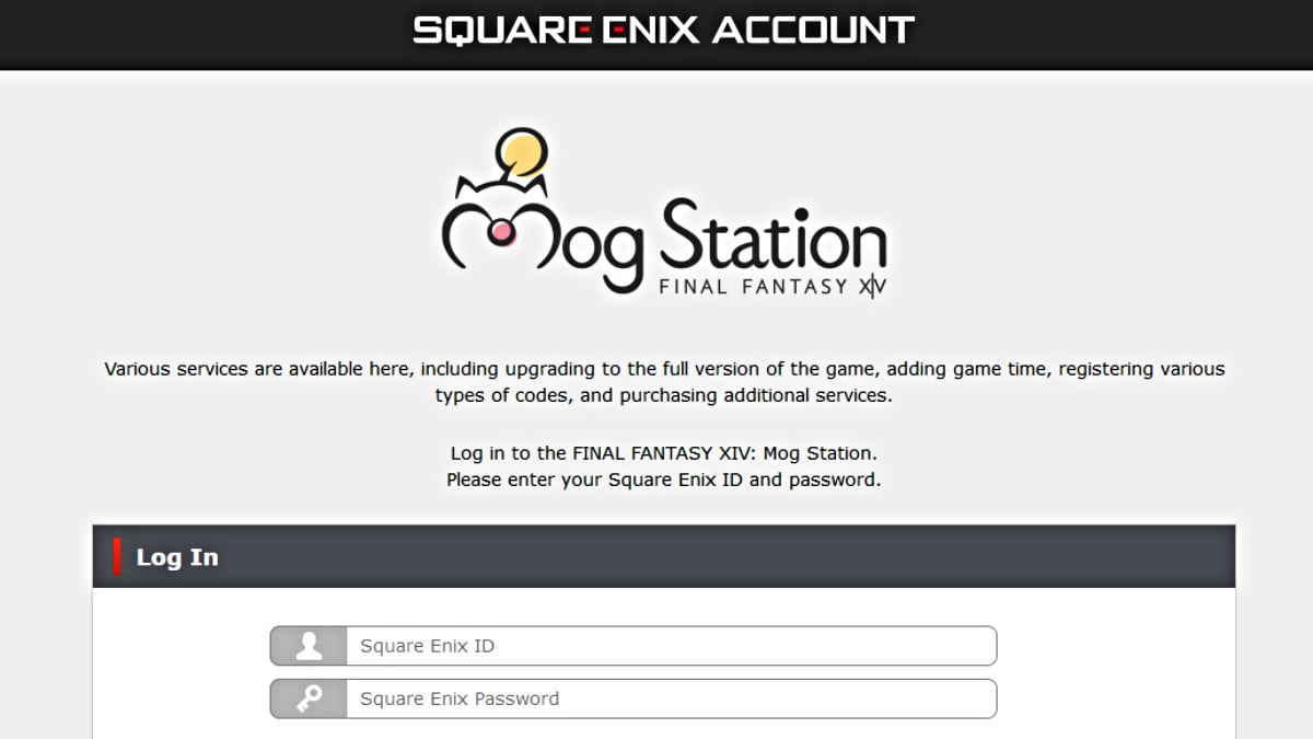 Página de login da Mog Station para Final Fantasy XIV