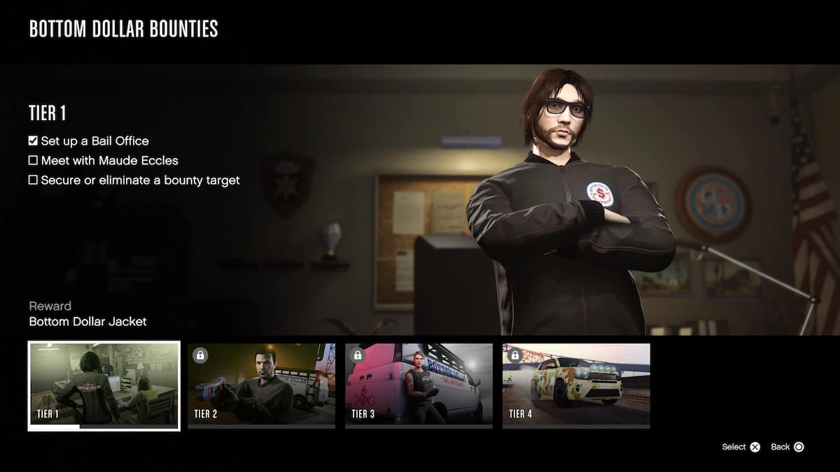 Tela da interface do GTA Online mostrando o "Recompensas em dólares inferiores" progresso na carreira para o Nível 1