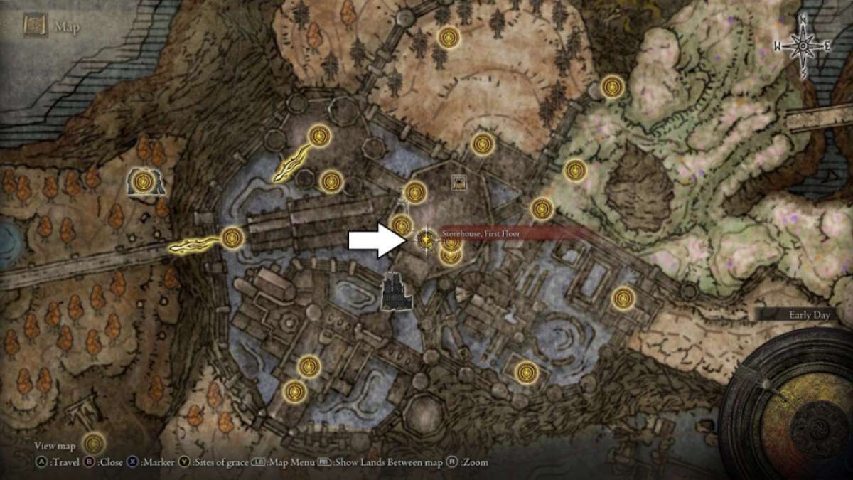 Mapa mostrando Storehouse Grace no DLC de Elden Ring.