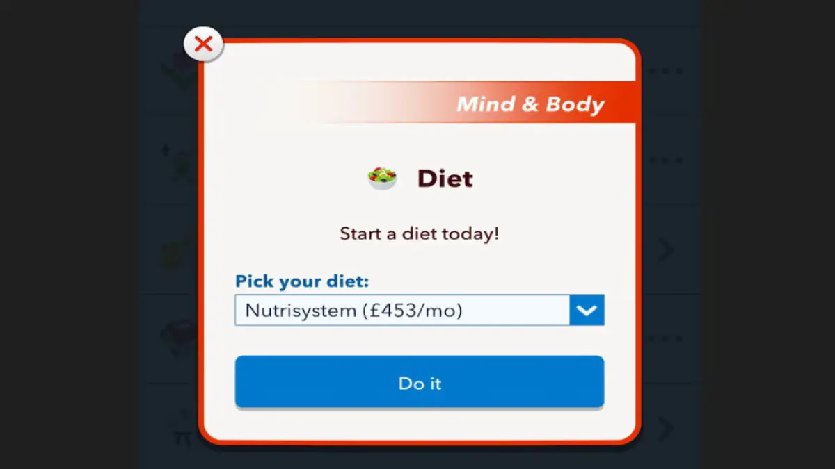 O menu da dieta BitLife