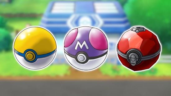 Tipos de Pokébola: Um fundo desfocado de um PokéMart com imagens de uma Park Ball, Master Ball e Origin Ball coladas nele.