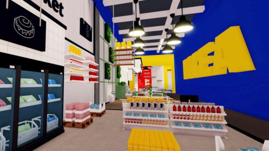 Captura de tela da loja Roblox IKEA mostrando o interior da loja com produtos, geladeiras e paletes