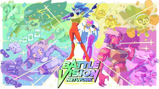 Day of the Devs 2024: Arte principal para Battle Vision Network apresentando dois personagens principais em um arco-íris pastel