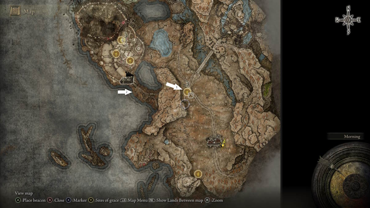 Mapa mostrando a localização dos Sites of Grace perto de Belurat no DLC Elden Ring.