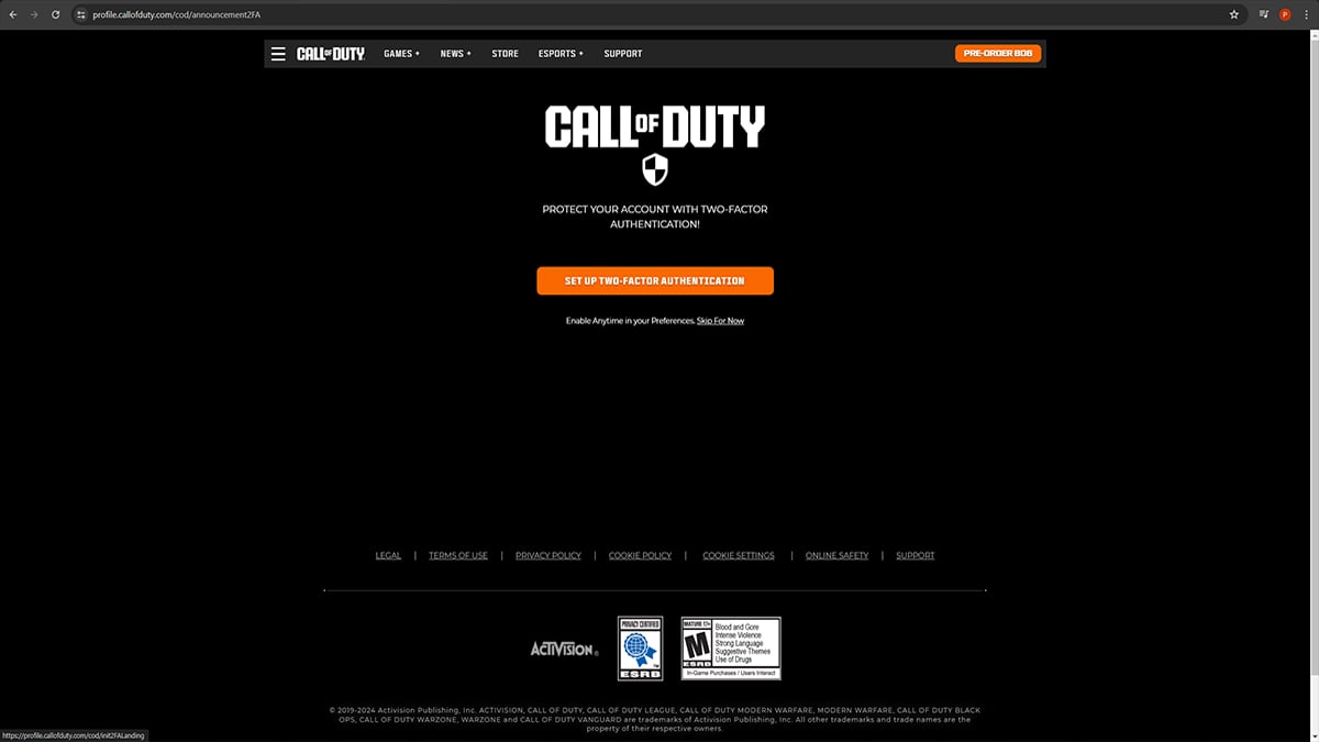 Solicitação de autenticação de dois fatores da conta Call of Duty