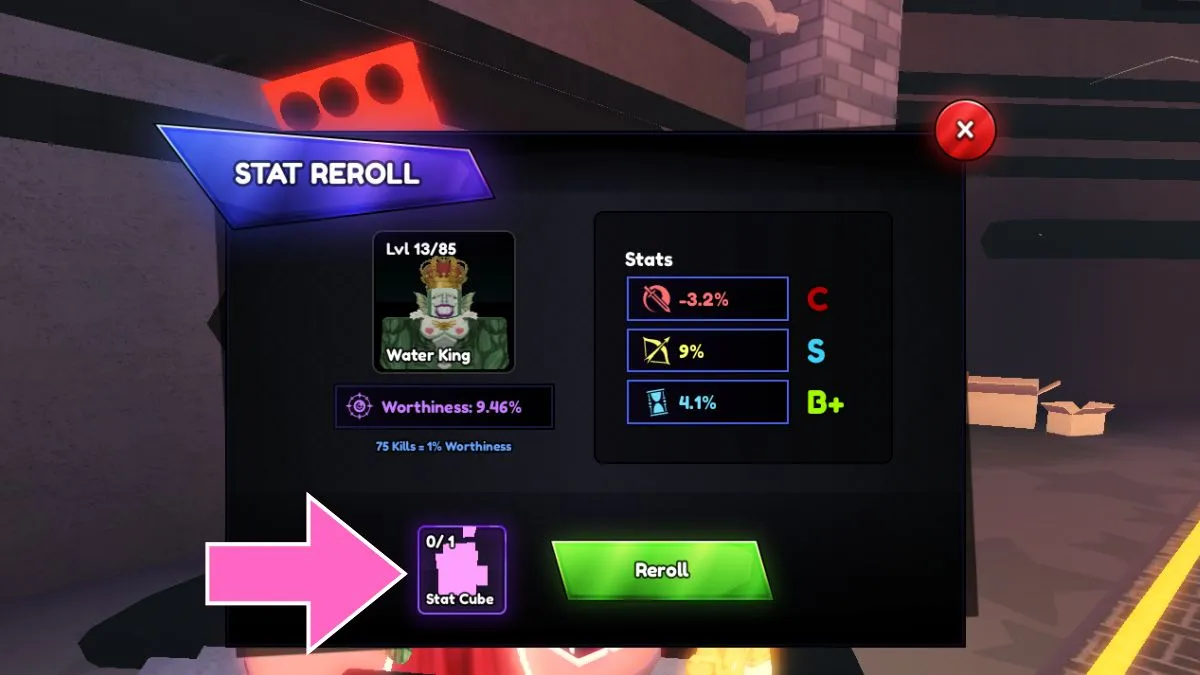 Menu Stat Reroll mostrando o número do Stat Cube no Anime Last Stand