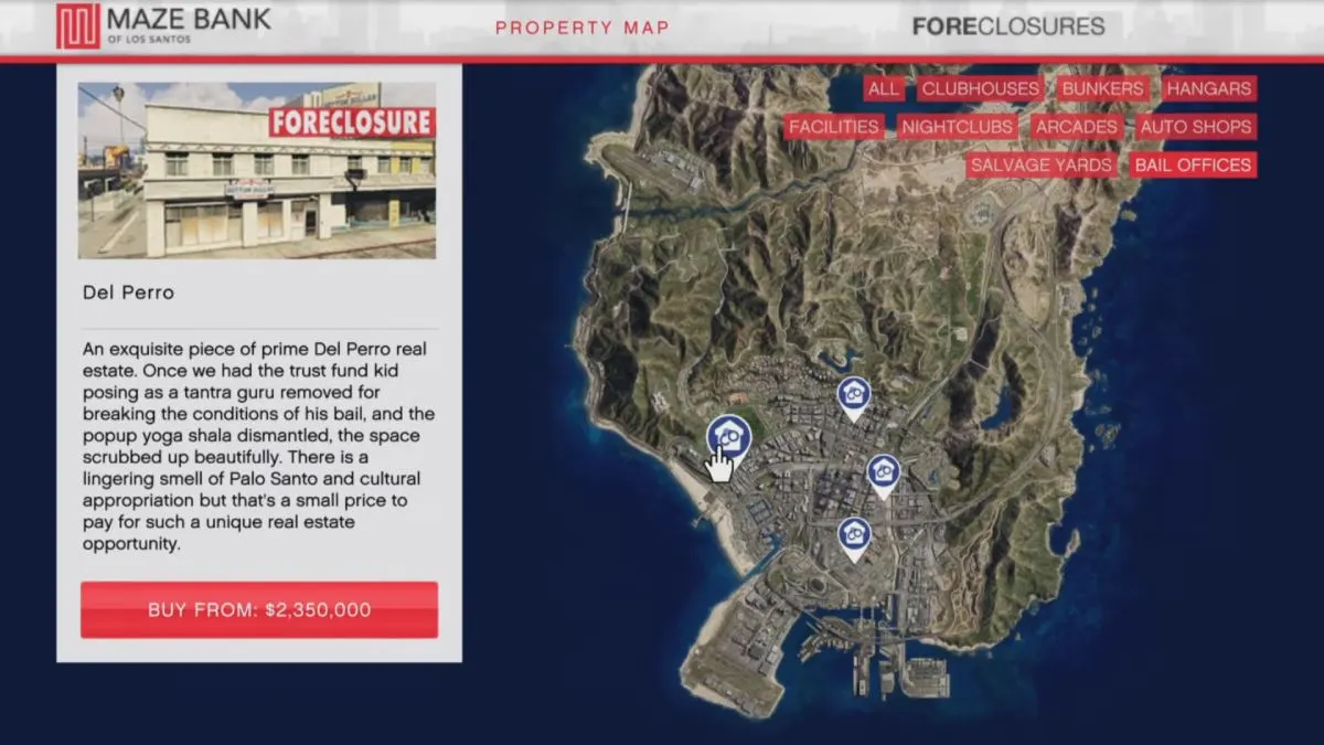 Todos os locais do Bail Office marcados no mapa do GTA Online