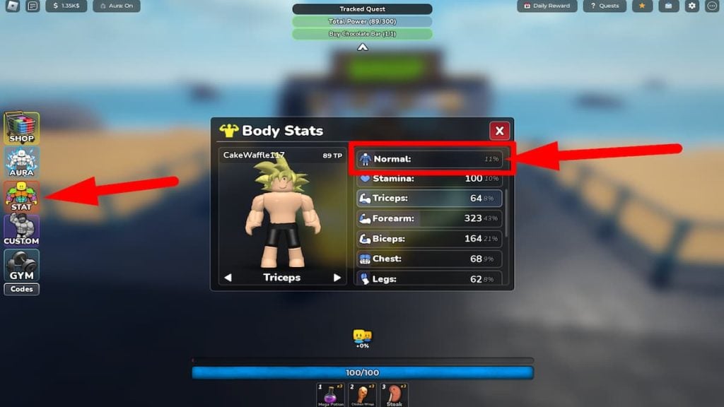 Alteração do corpo da janela de estatísticas da Roblox Gym League