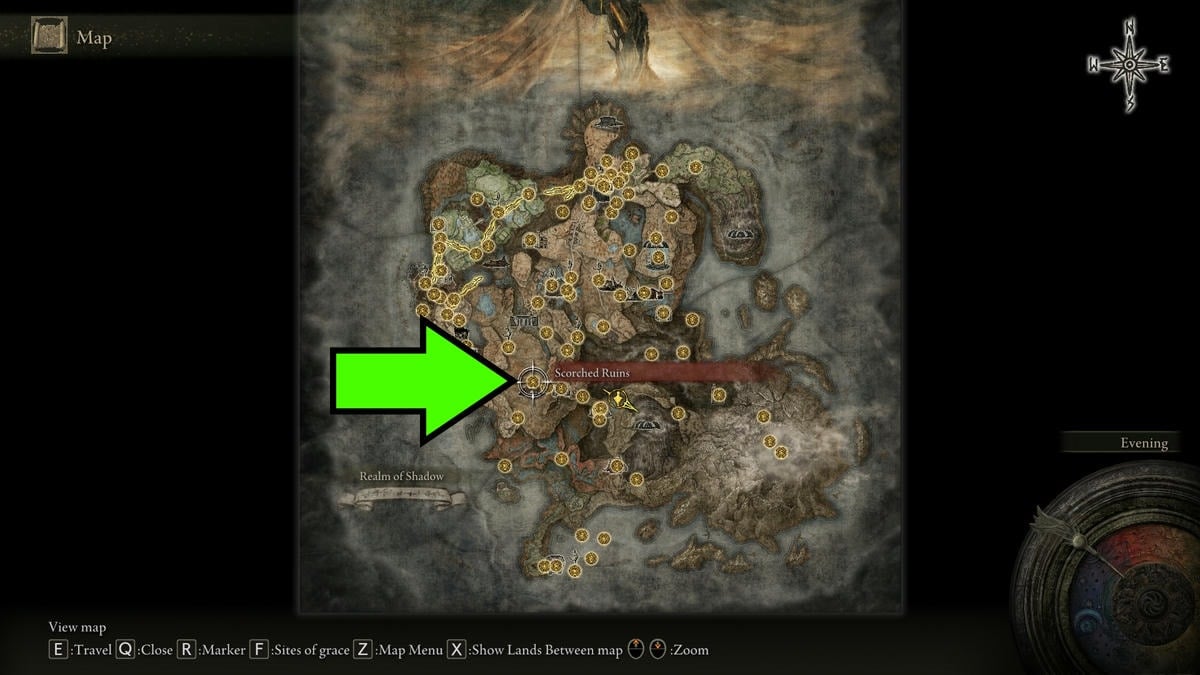 Localização da Espada da Mão Inversa em Elden Ring Shadow of the Erdtree marcada no mapa