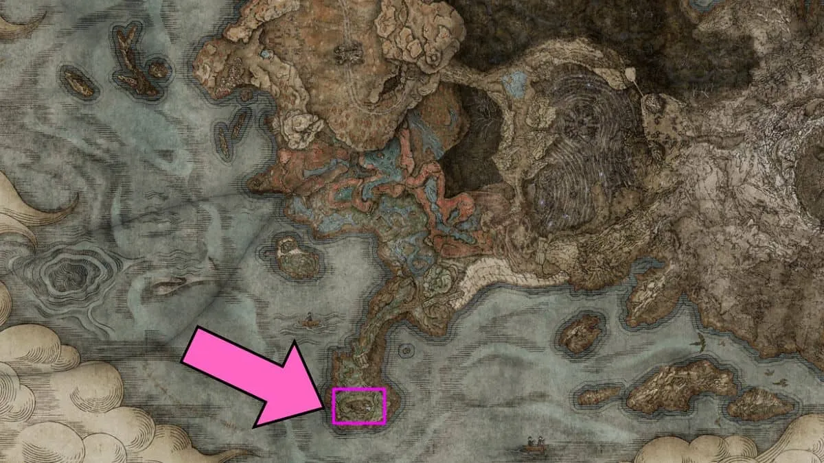 Localização no mapa da grande runa quebrada no DLC Elden Ring Shadow of Erdtree