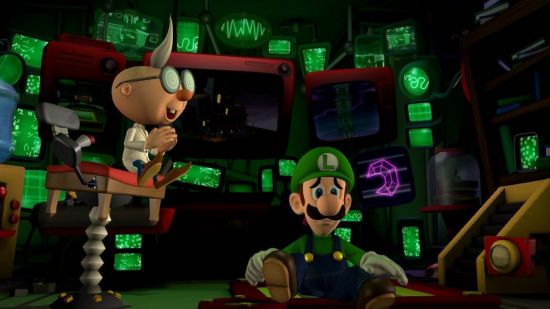 Captura de tela da prévia de Luigi's Mansion 2 HD com Luigi caído no laboratório de E. Gadd