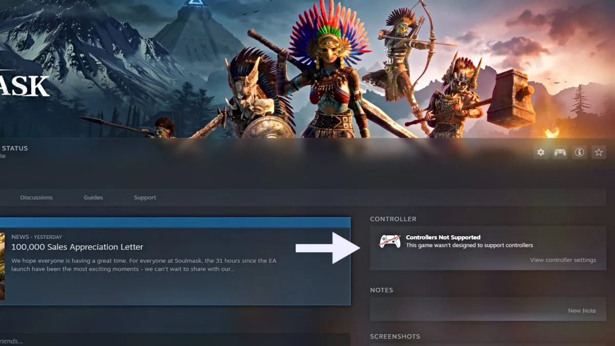 Página da biblioteca Soulmask Steam indicando suporte ao controlador