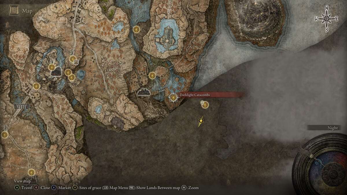 Localização do mapa das Catacumbas Darklight em Shadow of the Erdtree