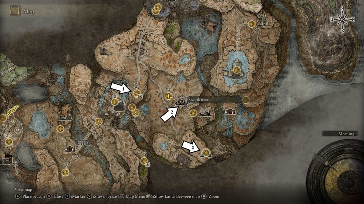 Mapa mostrando as Ruínas de Moorth em relação à Highroad Cross Grace no DLC de Elden Ring.