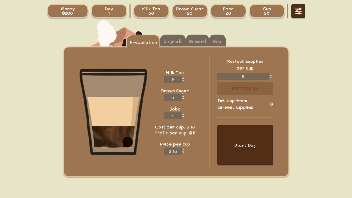 O menu de preparo do Boba Simulator com copo que exibe a receita