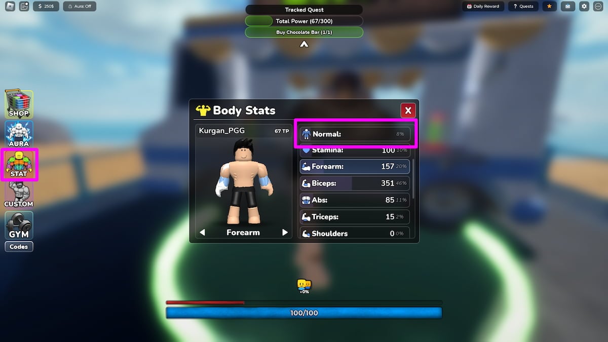 Estatísticas do corpo do jogador no Gym League Roblox