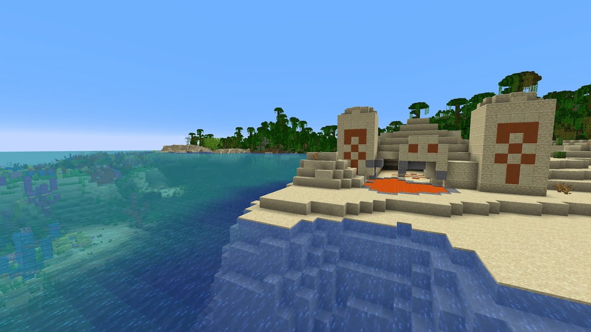 Um Templo do Deserto no topo de uma piscina de lava e um Templo da Selva ao lado de um recife de coral