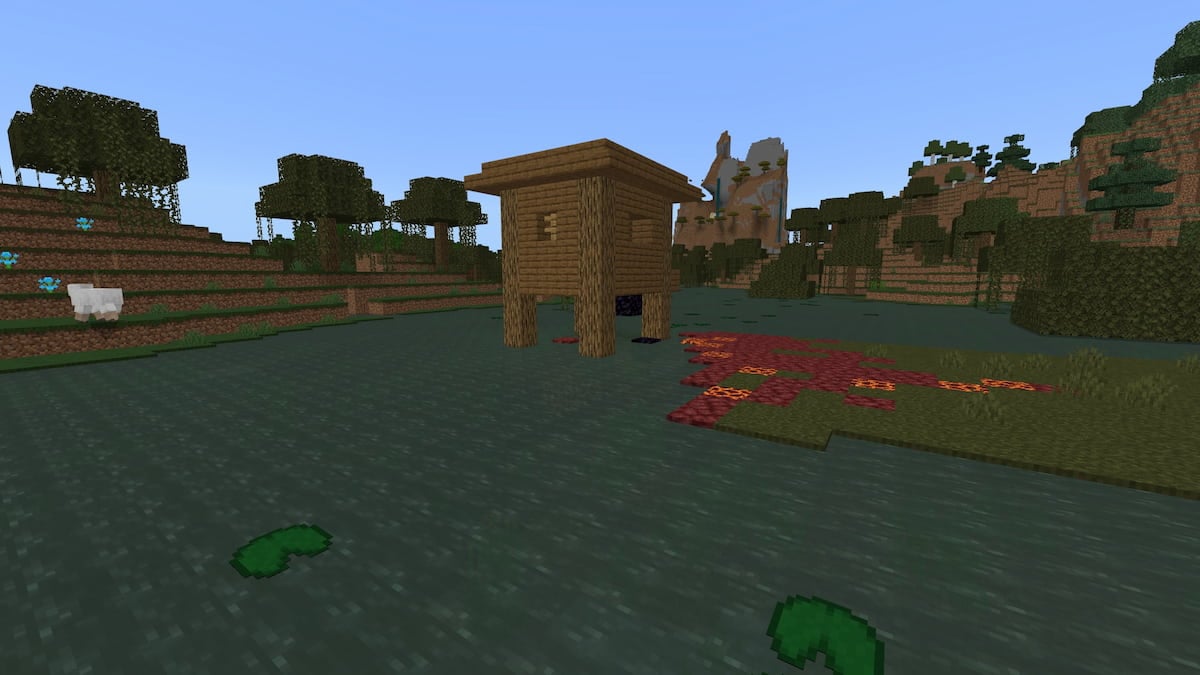 Uma cabana de bruxa do Minecraft acima de um portal em ruínas