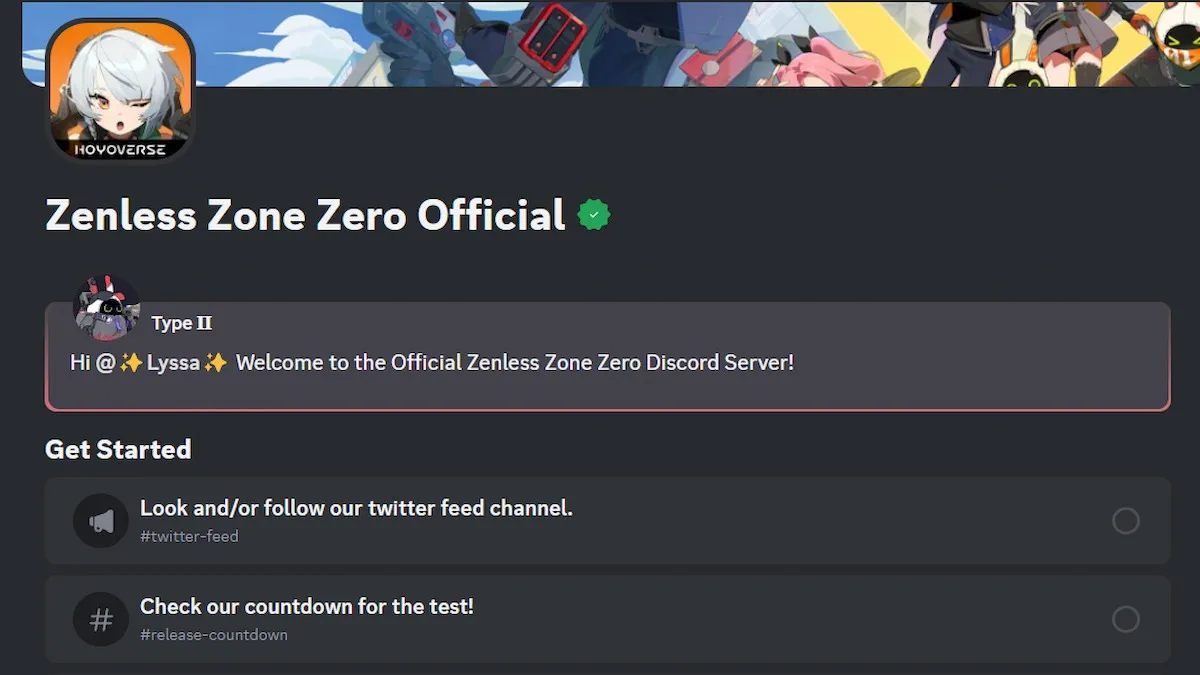 Mensagem de integração para novos membros do grupo Zenless Zone Zero no Discord. 