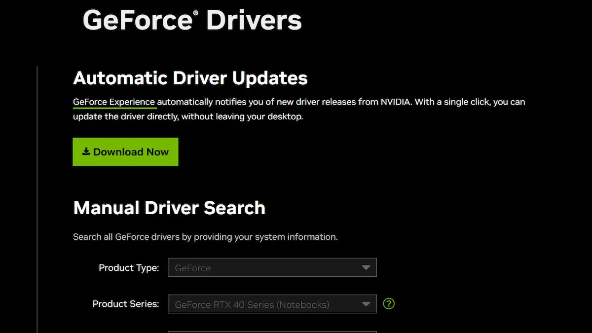 A página de drivers NVIDIA GeForce.