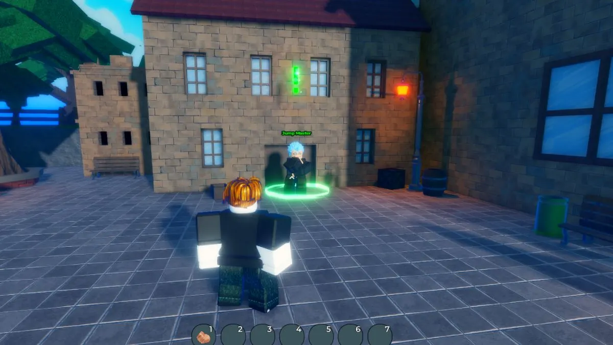 Personagem Roblox em pé na frente do personagem Jump Master