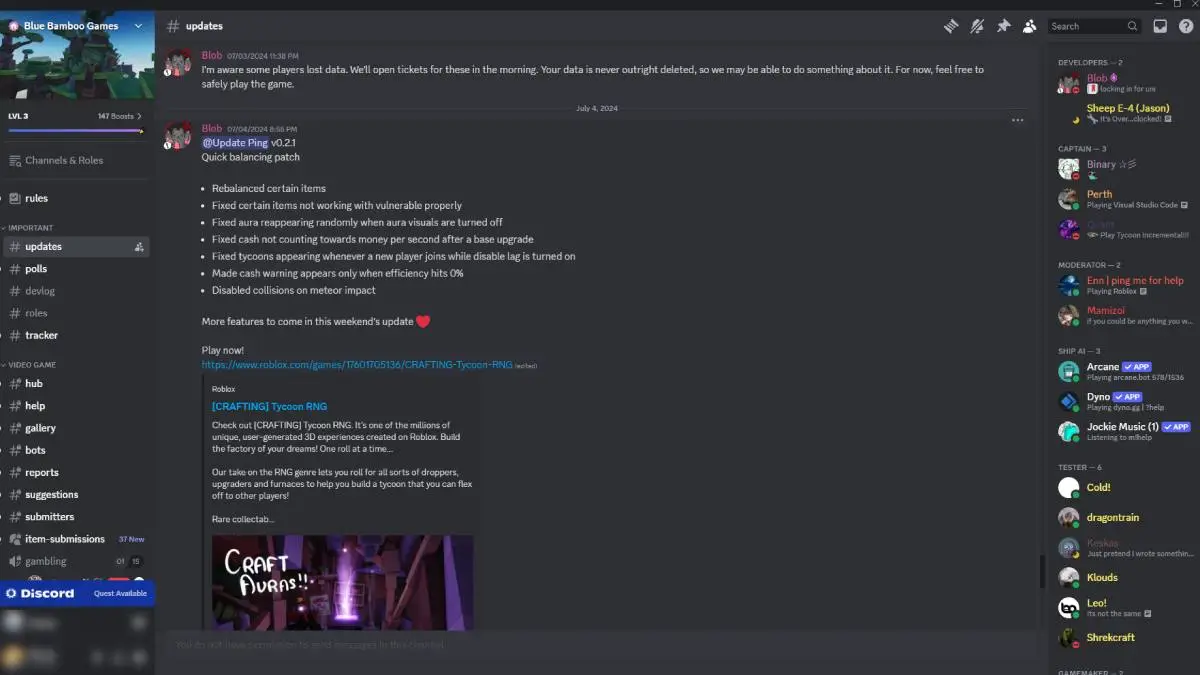 Visão geral do servidor Discord Tycoon RNG