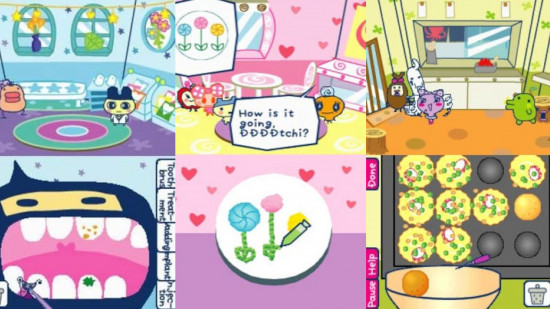 Histórico do jogo Tamagotchi: Três capturas de tela da Tamagotchi Connection Corner Shop mostrando (da esquerda para a direita) o dentista, a padaria e a loja de takoyaki