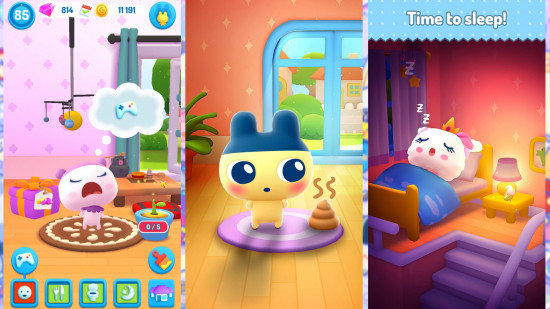 Histórico do jogo Tamagotchi: Três capturas de tela de My Tamagotchi Forever (2018) mostrando (da esquerda para a direita) uma Tama triste na sala principal, um Mametchi ao lado de um cocô e uma Tama na cama roncando com o título 'Hora de dormir!'