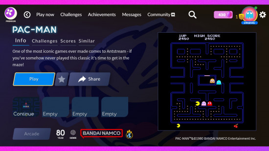 Crítica do Antstream Arcade: A tela de aterrissagem do Pac-MAn