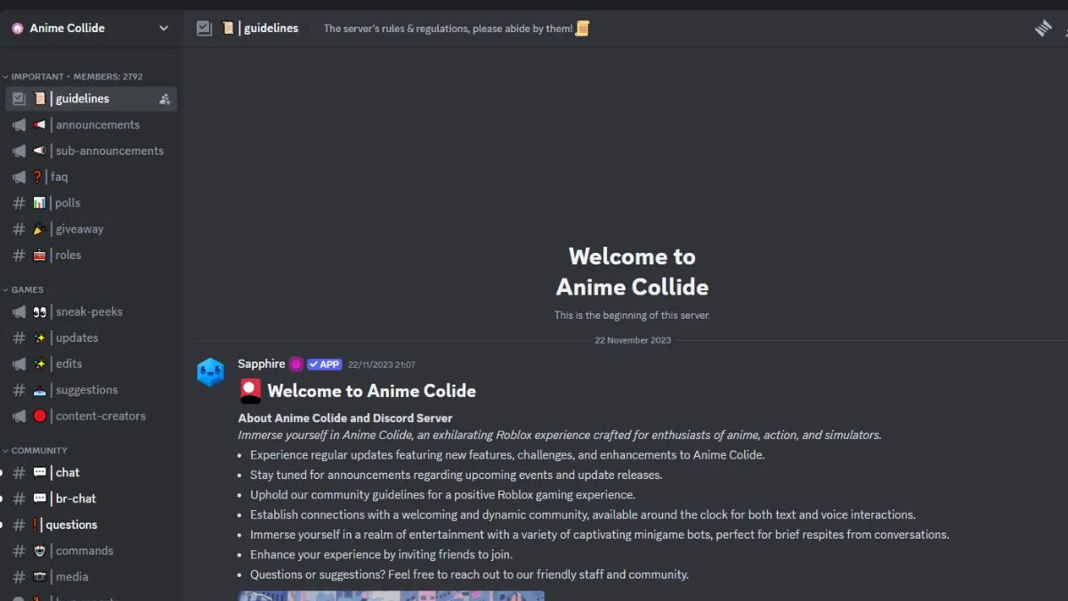 Mensagem de boas-vindas do servidor Discord do Anime Collide