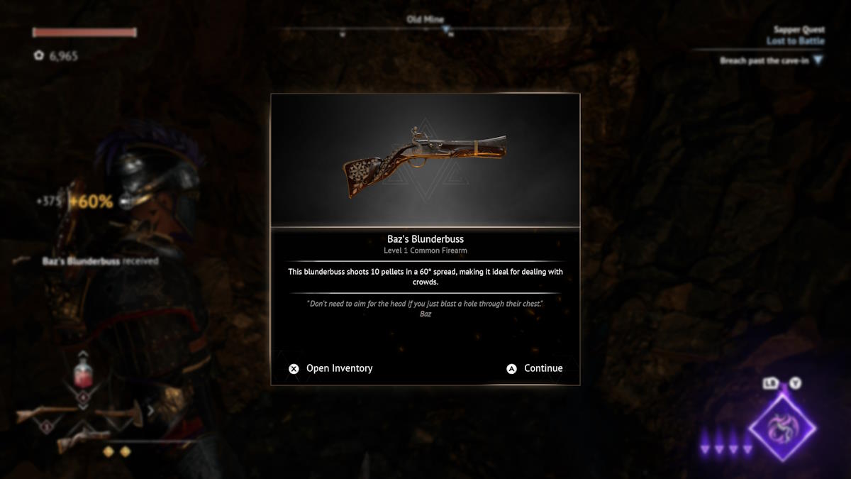 A recompensa Blunderbuss na missão secundária Lost to Battle em Flintlock: The Siege of Dawn.