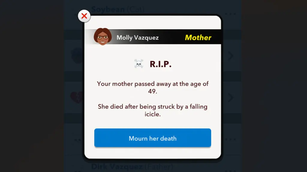 A página de luto dos pais no BitLIfe