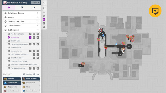Mapa Honkai Star Rail: Uma captura de tela do mapa AppSample HSR com um círculo PT no canto superior direito