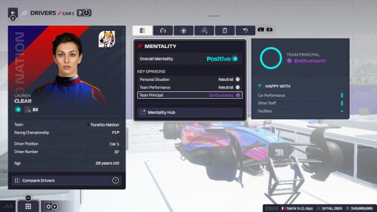 Revisão do F1 Manager 24: Uma imagem do menu de mentalidade de equipe no F1 Manager 24.