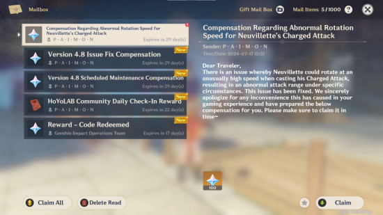 Genshin Impact Neuvillette nerf: Uma captura de tela do e-mail do jogo explicando a correção do bug e oferecendo uma compensação de 100 primogems