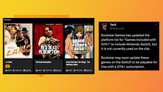 Troca de jogos grátis do GTA+: Uma imagem da biblioteca do GTA+ mostrando Red Dead Redemption, LA Noire e a trilogia GTA no Nintendo Switch.