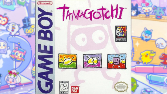 Histórico do jogo Tamagotchi: A arte da caixa da versão americana do Tamagotchi para o Game Boy, colada em um pastel desfocado, uma obra de arte do Tamagotchi