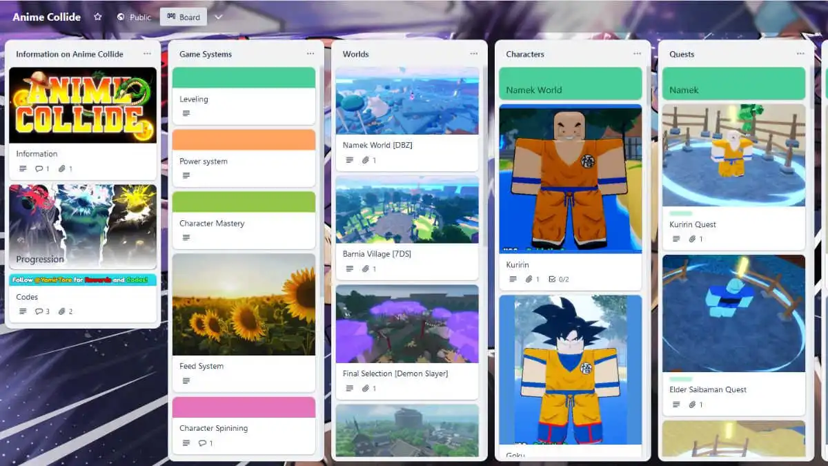 Quadro Trello Roblox Anime Collide