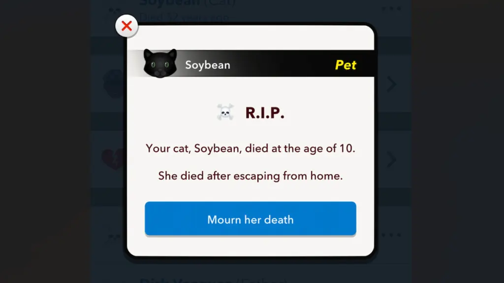 A página Cat Mourn no BitLIfe