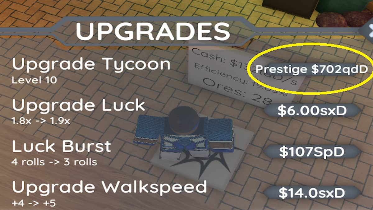 A opção Prestige no Tycoon RNG